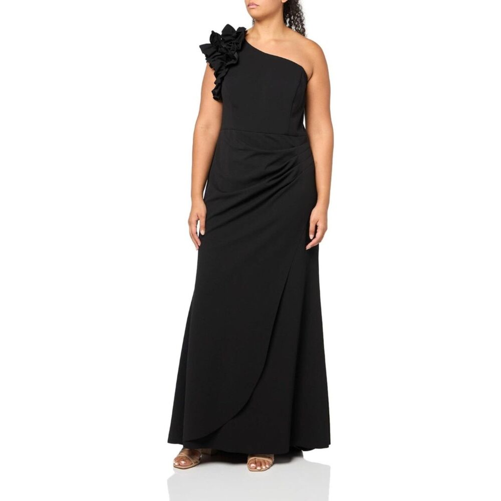 Xscape Women's Plus Size Long One Shoulder Ruffle‎ Scuba Crepe Maxi Dress, 22W